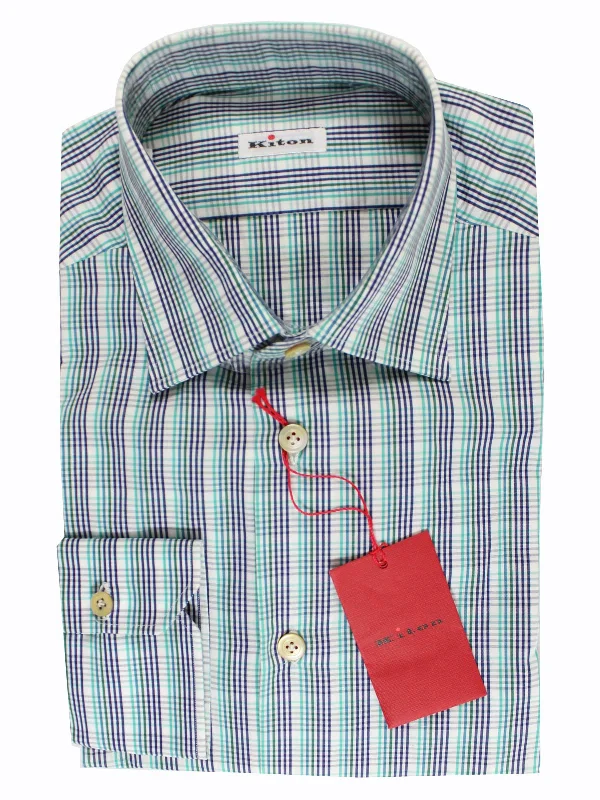 Kiton Shirt White Turquoise Green Navy Check Long Sleeve 41 - 16 BLACK FRIDAY SALE Trendy Men's Bucket