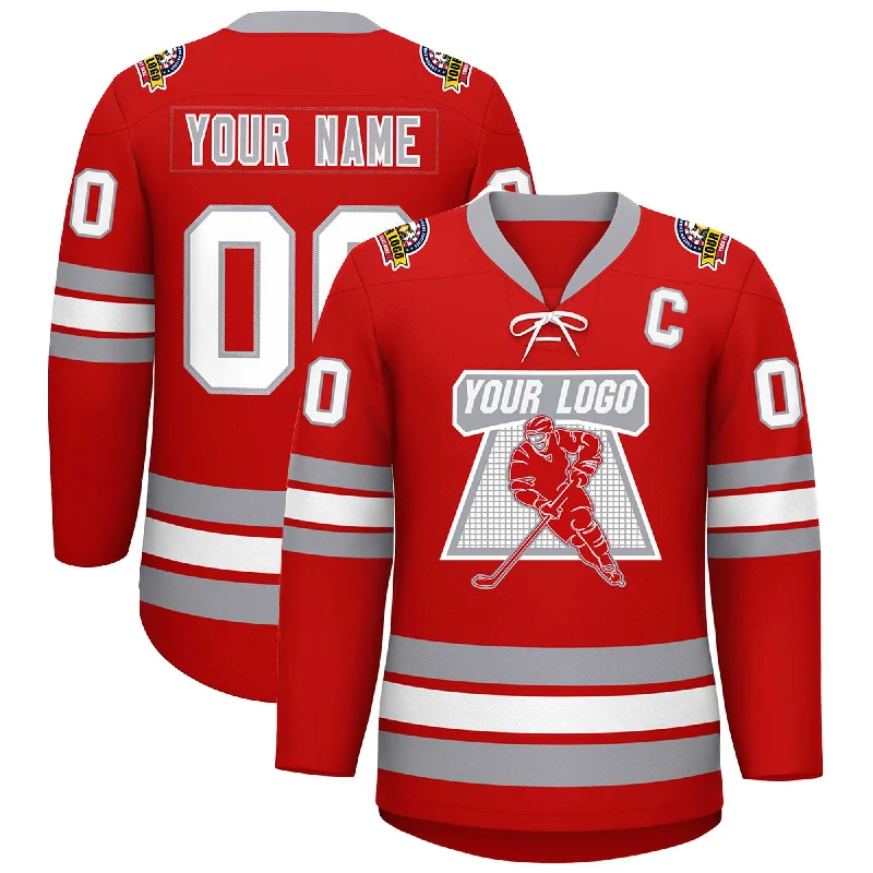 Custom Red White-Gray Lace-Up Neck Hockey Jersey Classic Men's Pin