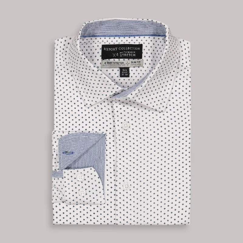 Long Sleeve 4-Way Dress Shirt with Diamond Print in White Sleek Men's Metallic