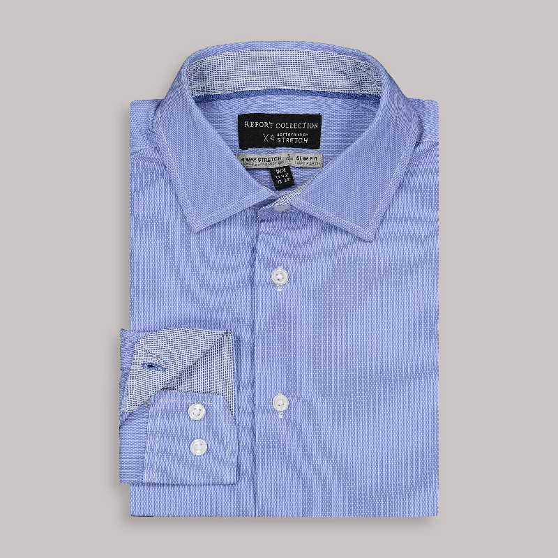 Long Sleeve 4-Way Dress Shirt with Square Print in Blue Refined Men's Hand