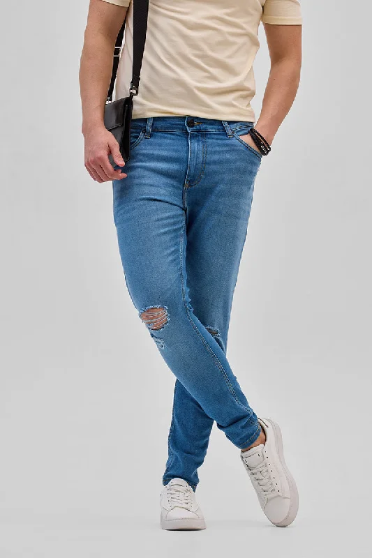 Blue Distressed Skinny Fit Jeans Modern Men's Geometric