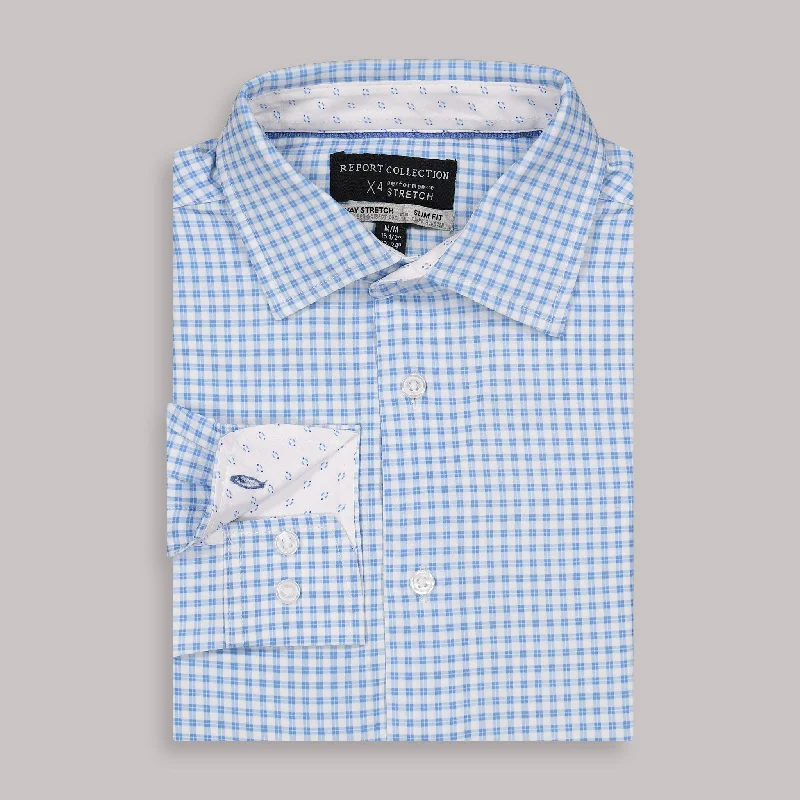 Long Sleeve 4-Way Dress Shirt with Check Print in Blue Elegant Men's Cashmere