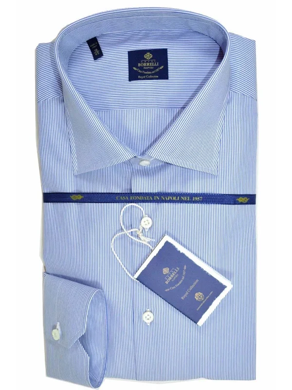 Luigi Borrelli Shirt ROYAL COLLECTION White Navy Stripes 40 - 15 3/4 Preppy Men's College