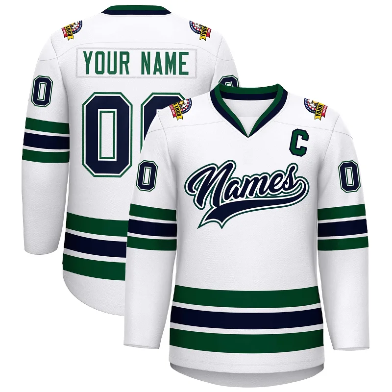 Custom White Navy White-Green Classic Style Hockey Jersey Dynamic Men's Glow