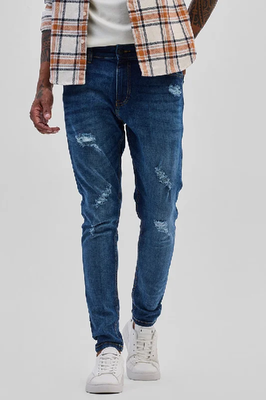 Dark Blue Distressed Skinny Fit Jeans Masculine Men's 