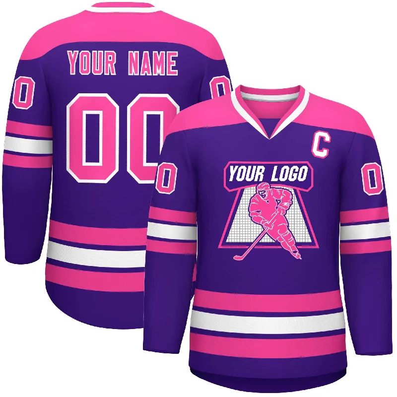 Custom Purple Pink-White Personalized Classic V-Neck Hockey Jersey Bold Men's Statement