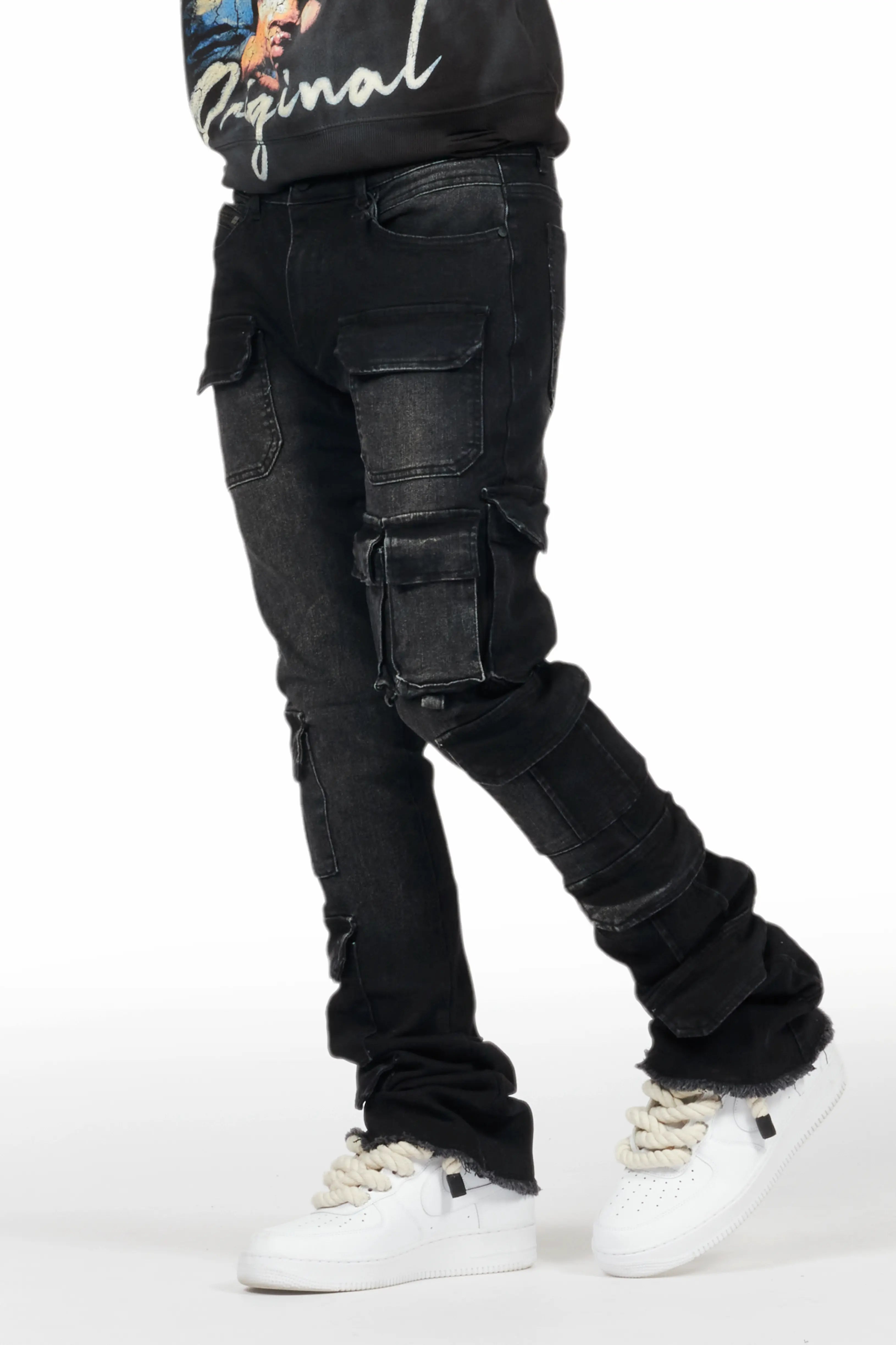 Valery Black Stacked Flared Cargo Jean Rugged Men's Outdoor 