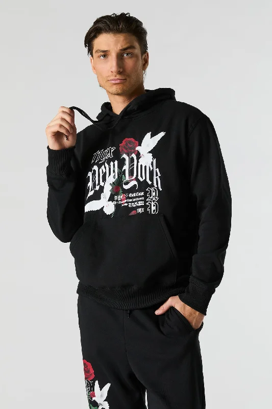 Hip - Hop Style New York Doves Embroidered Fleece Hoodie Trendy Men's Bucket