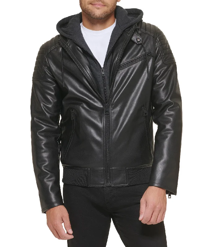 Feather light Faux Leather Hooded Moto Jacket Organic