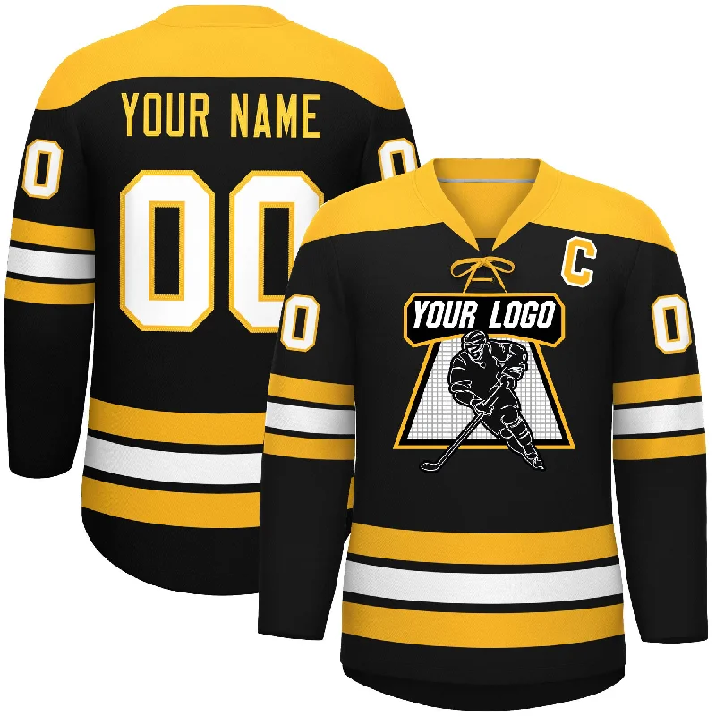 Custom Black Gold White Personalized Classic Lace-Up Neck Hockey Jersey Cool Men's Skate