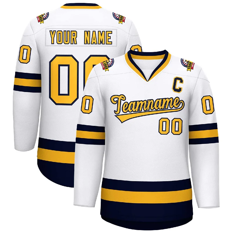 Custom White Gold-Navy Classic Style Hockey Jersey Refined Men's Hand