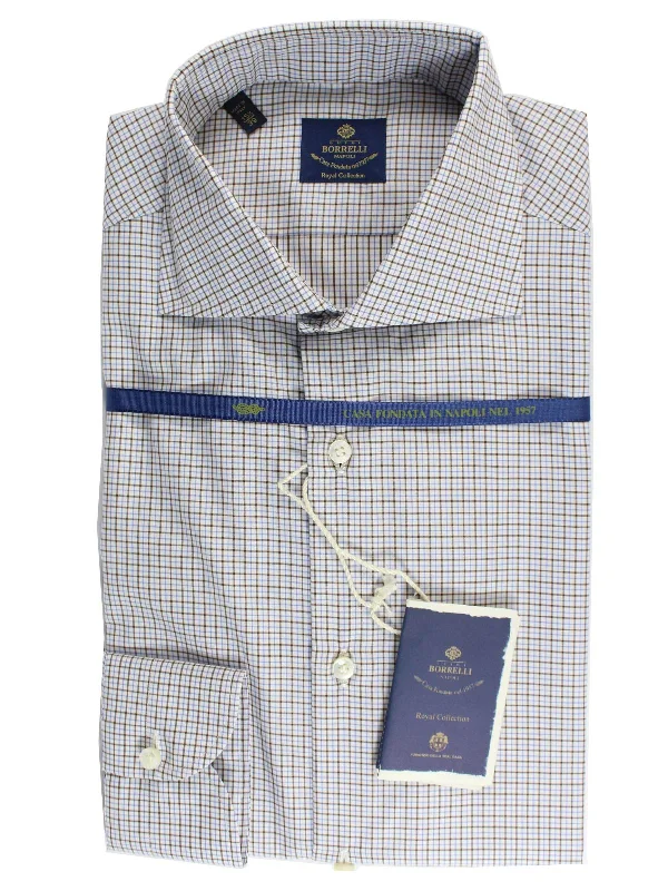 Borrelli Dress Shirt ROYAL COLLECTION White Blue Brown Check 38 - 15 FINAL SALE Classic Men's Pin