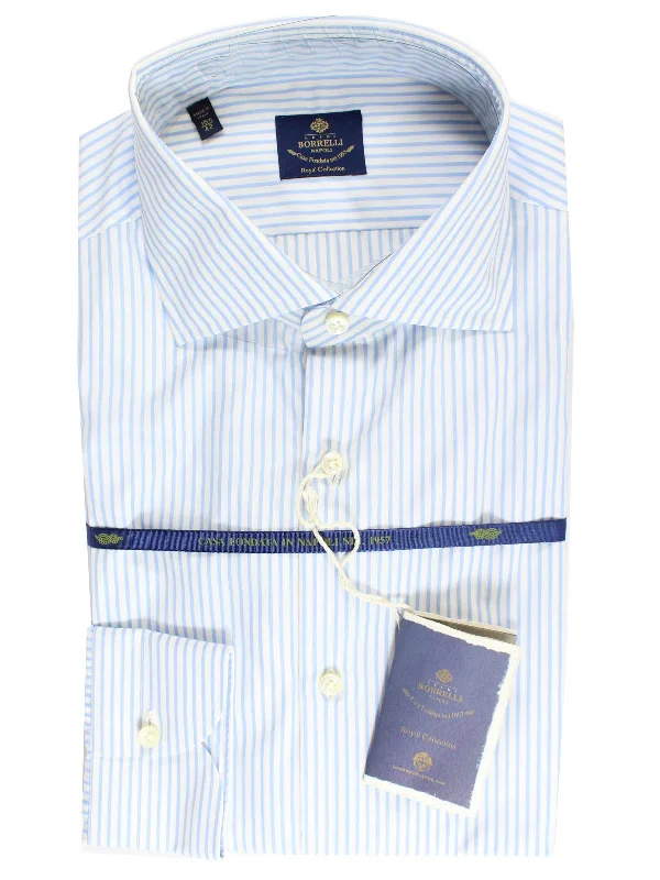 Luigi Borrelli Dress Shirt ROYAL COLLECTION Classic White Blue Stripes 38 - 15 Earthy Men's Hemp