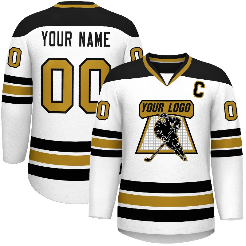 Custom White Black-Old Gold Personalized Classic V-Neck Hockey Jersey Refined Men's European