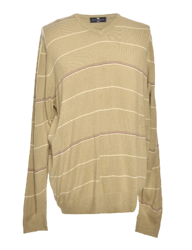 Snug Fit Beige Striped Jumper - M Hip Men's Retro