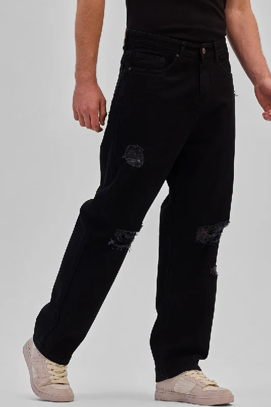 Black Distressed Loose Fit Jeans Traditional Men's Wool