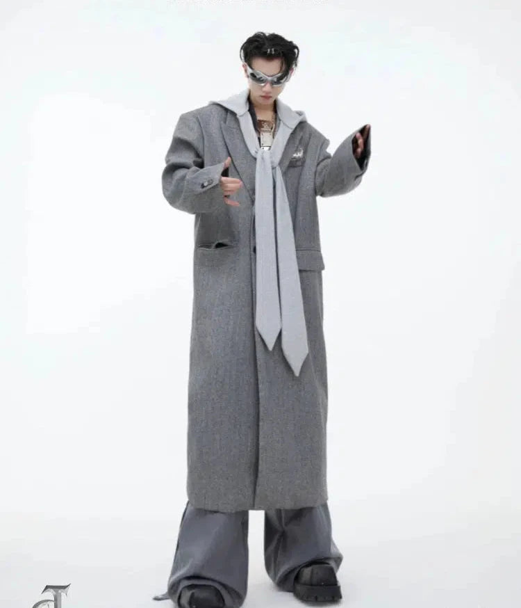 Graffiti Inspired Attached Scarf Long Overcoat Traditional Men's Wool