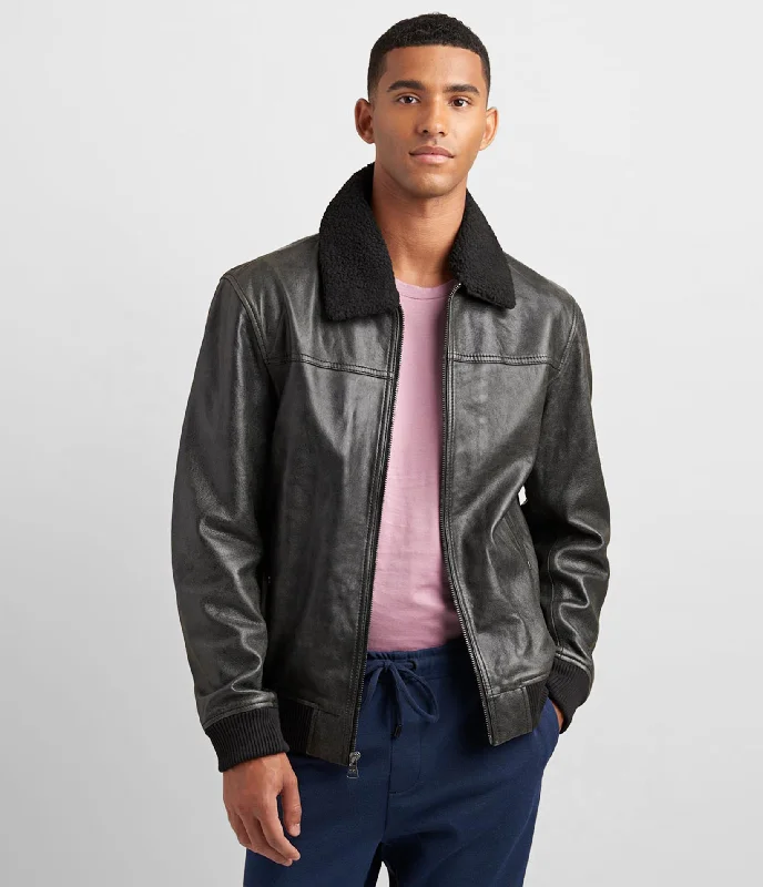 Super soft Leather Aviator Bomber With Detachable Faux Fur Artistic Men's Avant