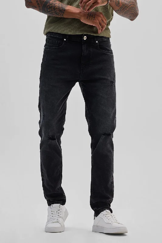 Black Distressed Slim Fit Jeans Streetwear Style