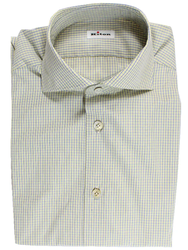 Kiton Dress Shirt White Lime Navy Check Spread Collar 39 - 15 1/2 REDUCED - SALE Artistic Men's Avant