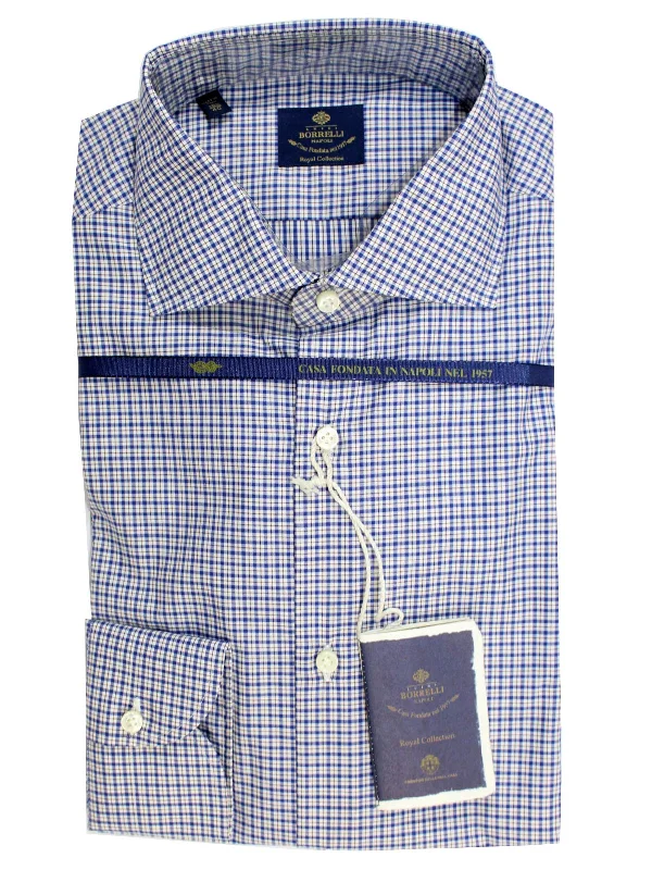 Luigi Borrelli Dress Shirt ROYAL COLLECTION White Royal Blue Tattersall 40 - 15 3/4 SALE Casual Men's Short