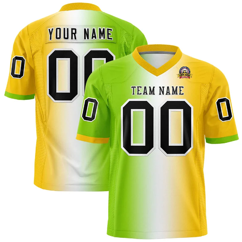 Custom Neon Green White-Gold Personalized Gradient Fashion Authentic Football Jersey Polished Men's Silk