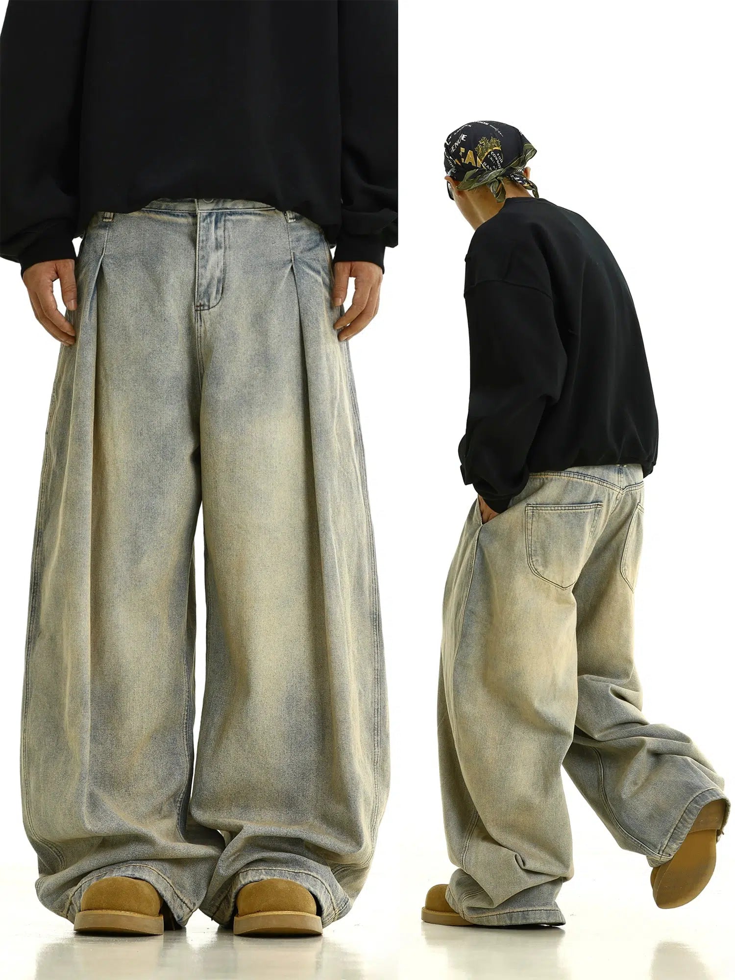 Wide-Leg Distressed Denim Pants Trendy Men's Oversized