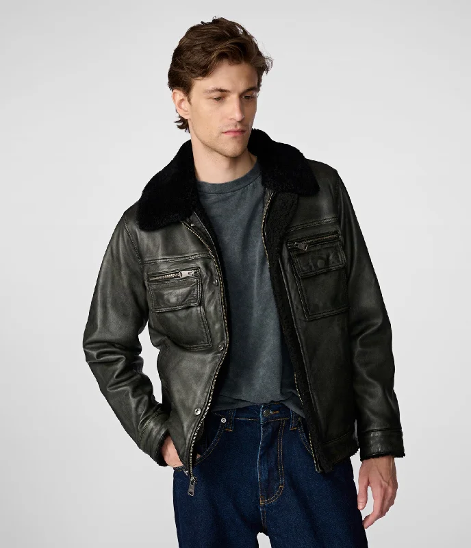 Anime themed Tom Leather Trucker With Shearling Collar Trendy Men's Oversized