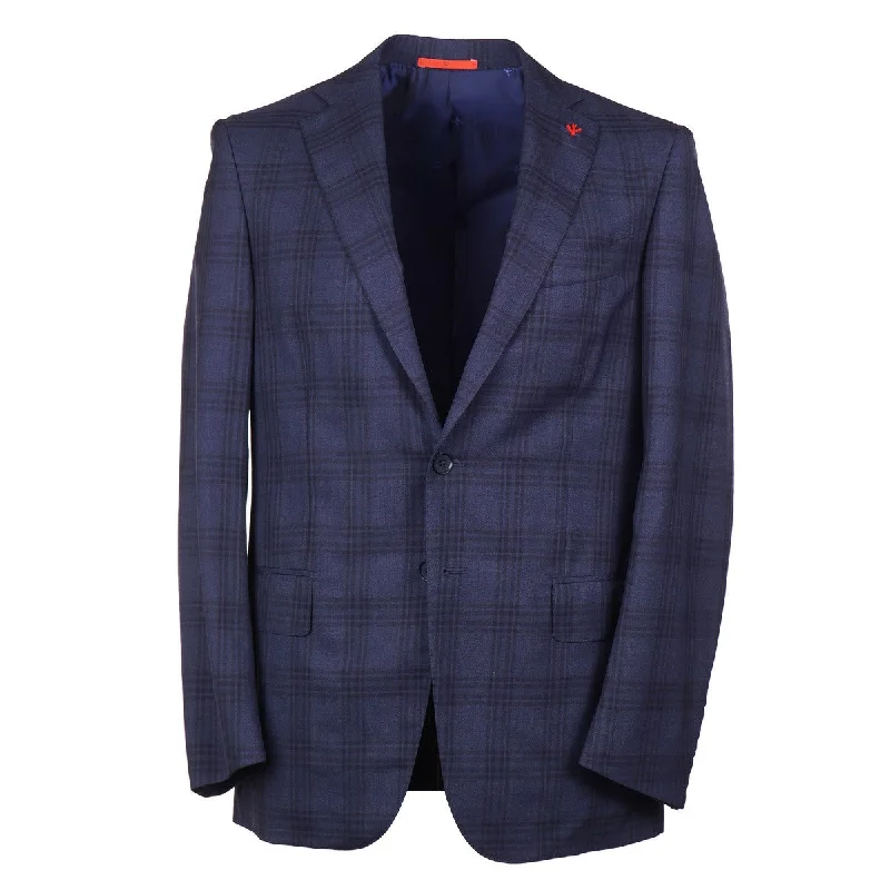 Snug fitting Isaia Dark Blue Check Wool Sport Coat Practical Men's Multi