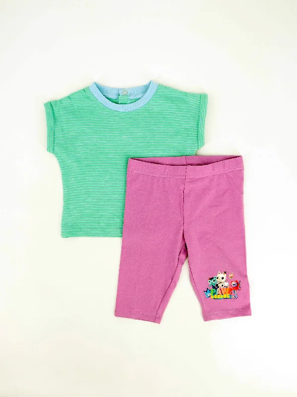 Kids Girl Striped Top & Bottom Set,Light Green/Purple Beach