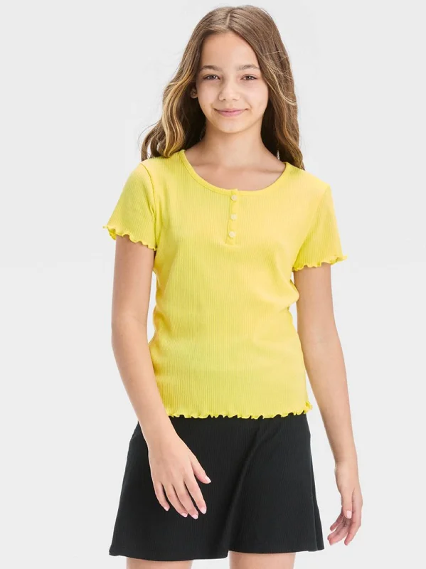 Kids Girl Ribbed Henley Top,Yellow Sporty Men's Athleisure 