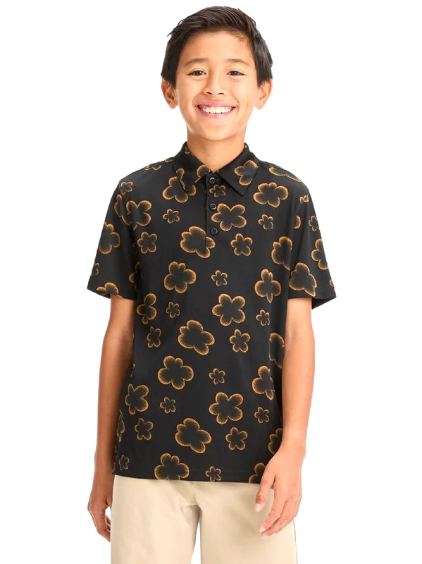 Kid's Boy Floral Printed Polo Shirt,Black Trendy Men's Scandinavian