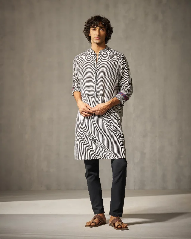 Revel Kurta - Black & Ivory Stripes Elegant Men's Cashmere