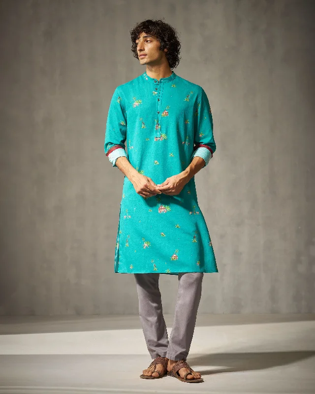 Astral Kurta - Green Print Elegant Men's Cashmere