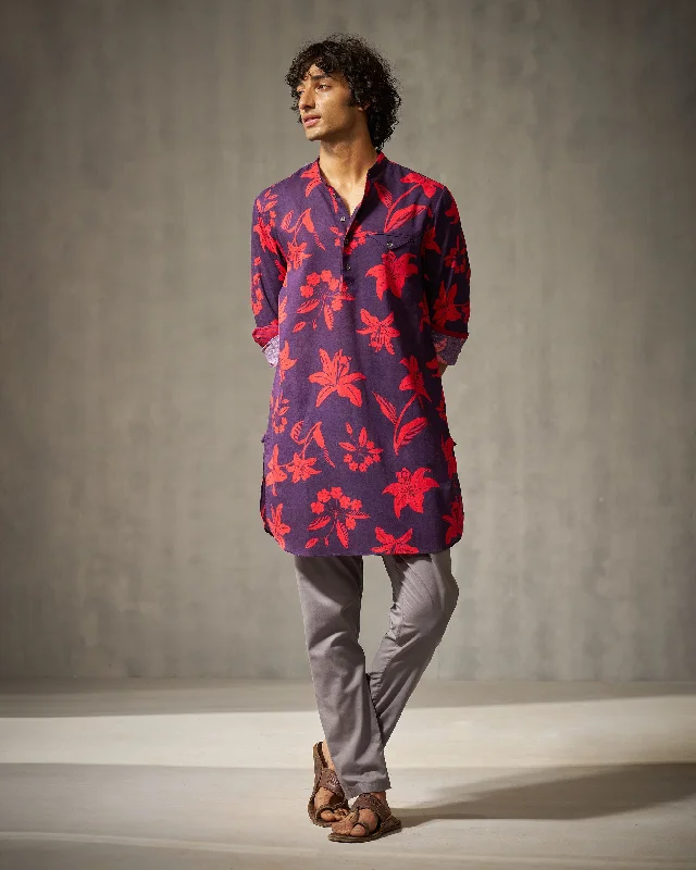 Fort Kurta - Red & Purple Print Minimalist Men's Casual 