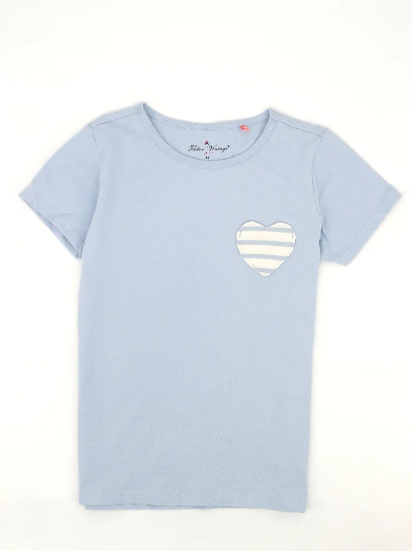 Kids Girl Side Heart Striped Pocket Top,Light Blue Casual Men's Loose