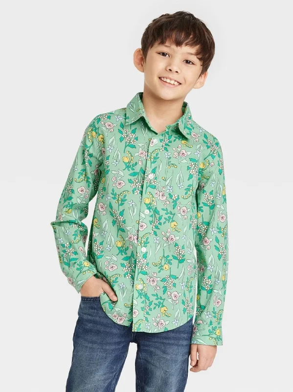 Kids Boy's Floral Printed Dress Shirt,Green Dapper Men's Bow