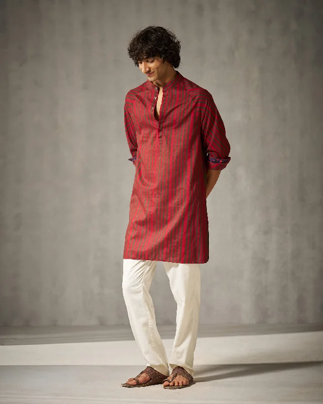 Jubilee Kurta - Red & Oak Brown Stripes Luxurious Men's High