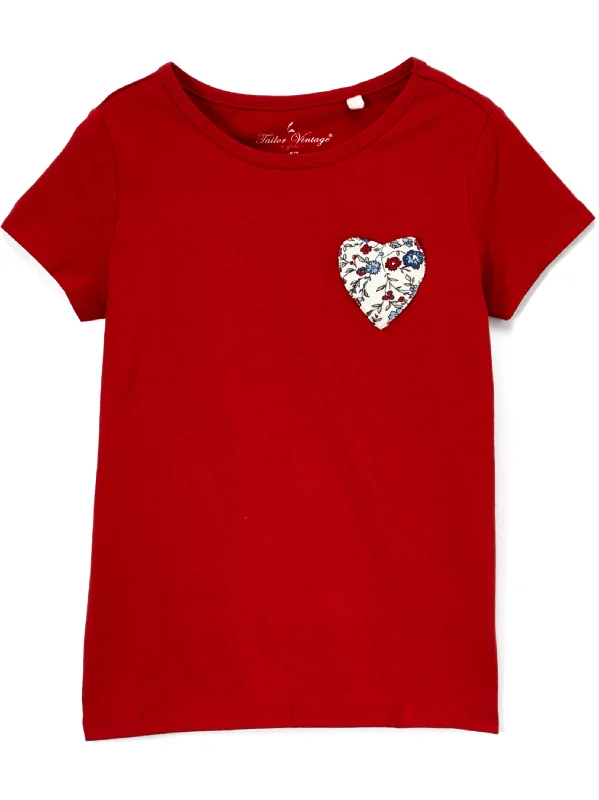 Kids Girl Floral Heart Pocket T-Shirt,Red Hip Men's Urban