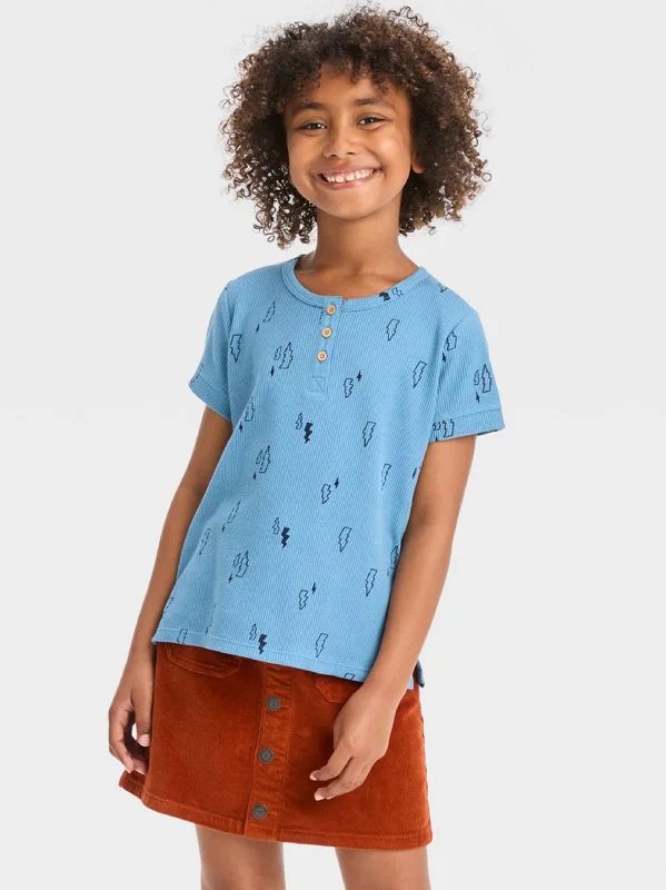 Kids Girl Graphic Printed Textured Henley Top,Blue Business