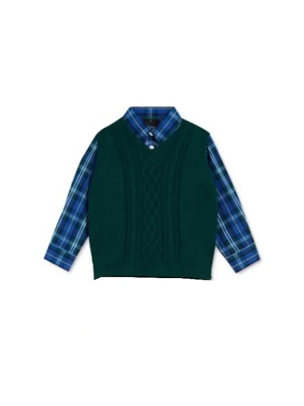 Kids Boy's 2 Pcs Textured Sweater & Plaid Shirt Set,Green/Blue Edgy Men's Punk