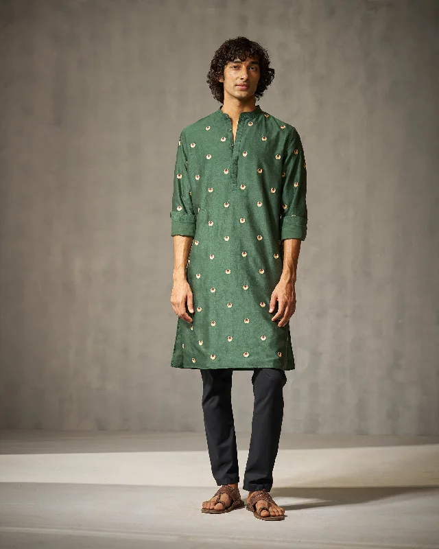 Neckband Kurta - Green Embroidery Relaxed Men's Beach