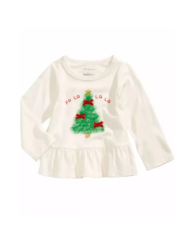 Kids Girl's Tree Printed Christmas Peplum Top,Off White Elegant Men's Formal 